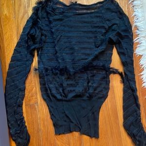 Black long sleeve blouse with sheer and feather detail